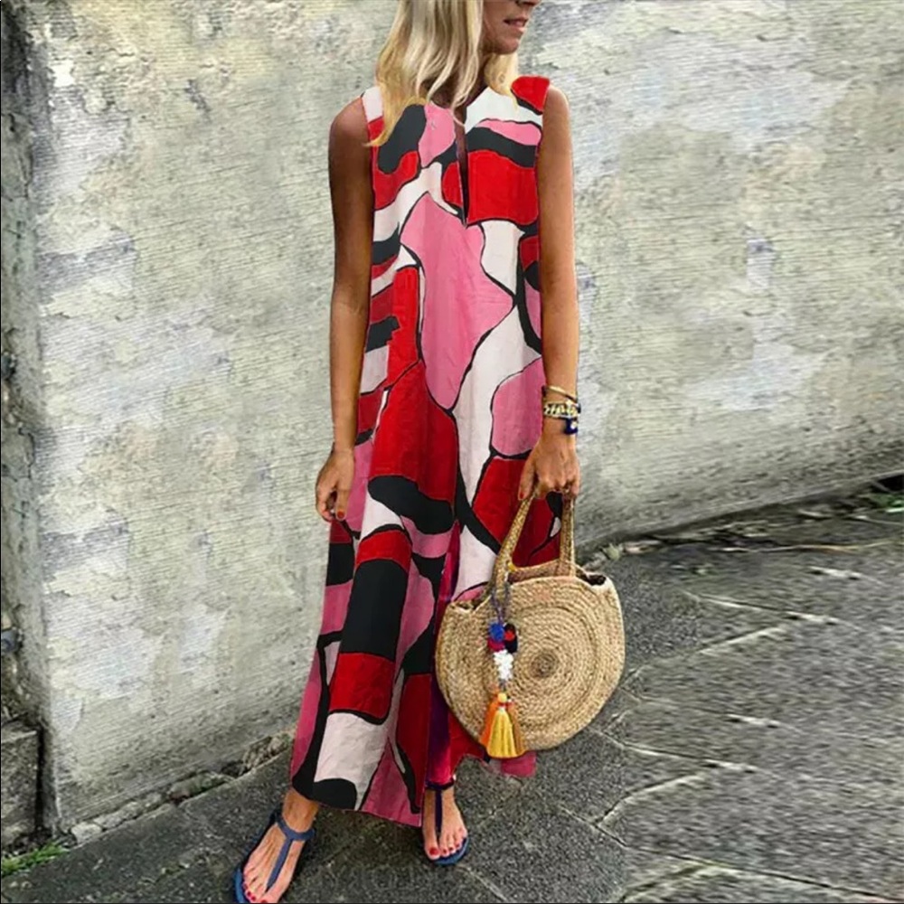 Abstract Print, Sleeveless, Kaftan Style Maxidress - Picture 9 of 11